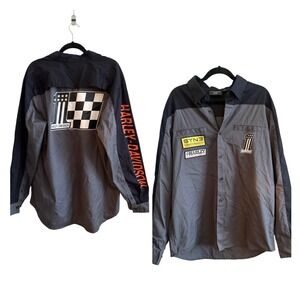 Harley-Davidson Racing Pit Crew Button Shirt Performance Dept GRY BLK XL #1 Logo